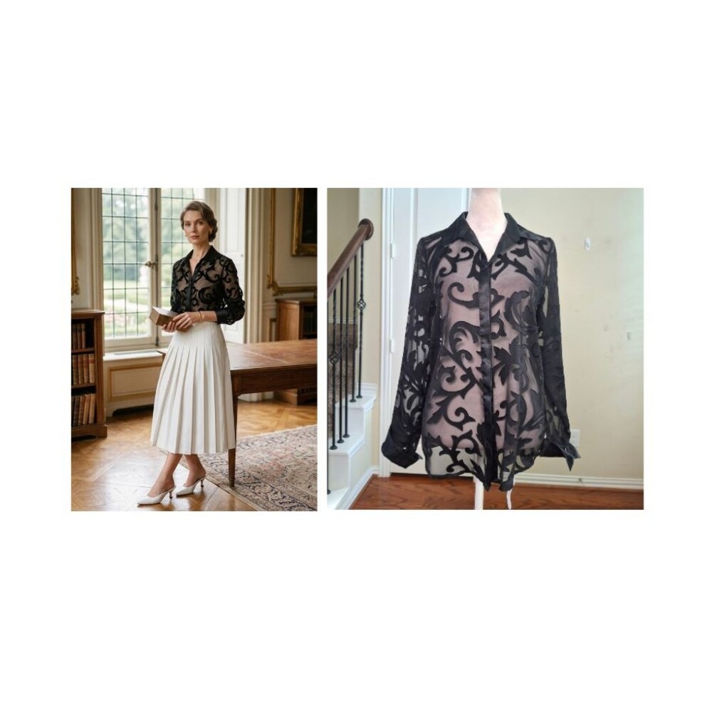 VTG Victor Costa Sheer Velvet Burnout Shirt Top Black "M* Dark Romantic Witchy
